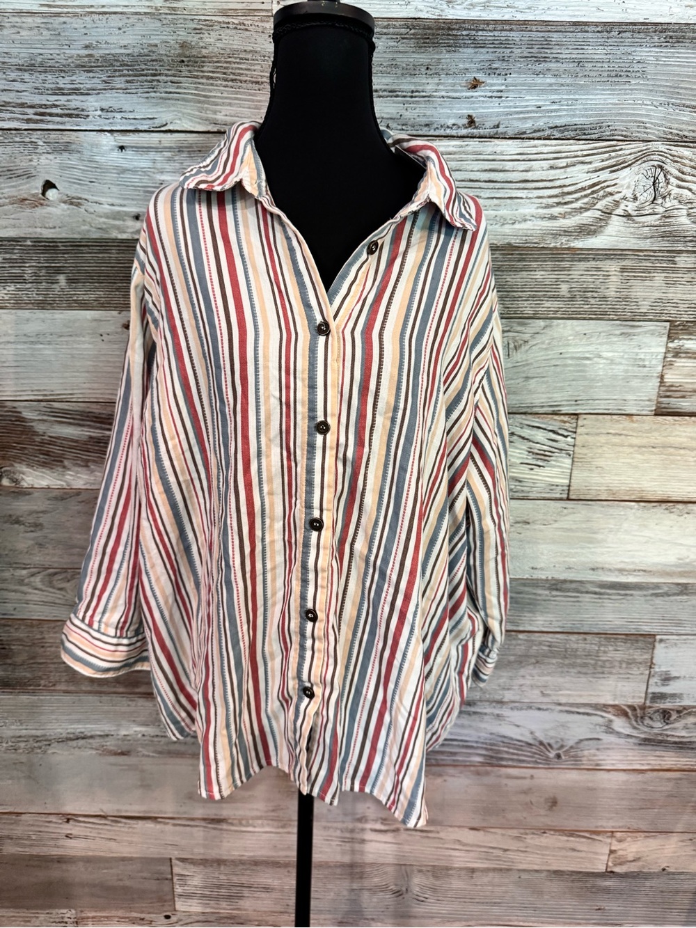 NWT Alfred Dunner Striped Button-Up Shirt in Blue, Red, Yellow, Brown